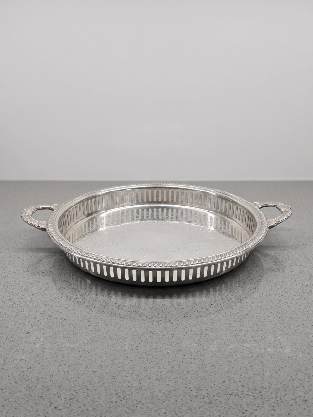 Crosby Round Serving Tray Ornate Handles Pierced Gallery Rim Silver Tone 15” Dec